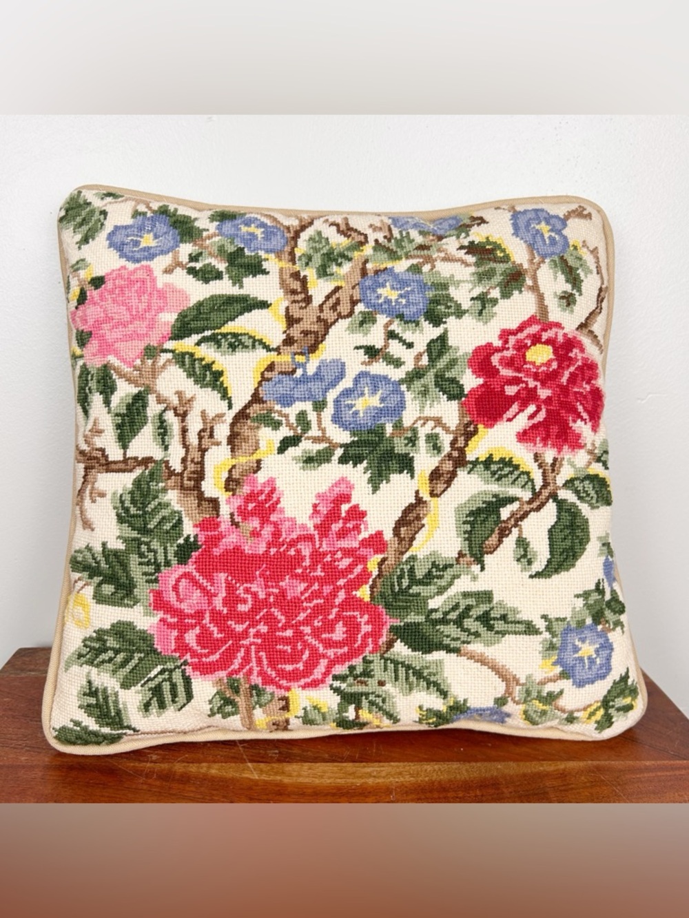 Vintage Floral Needlepoint Throw Pillow Flowers Pink Blue Tan